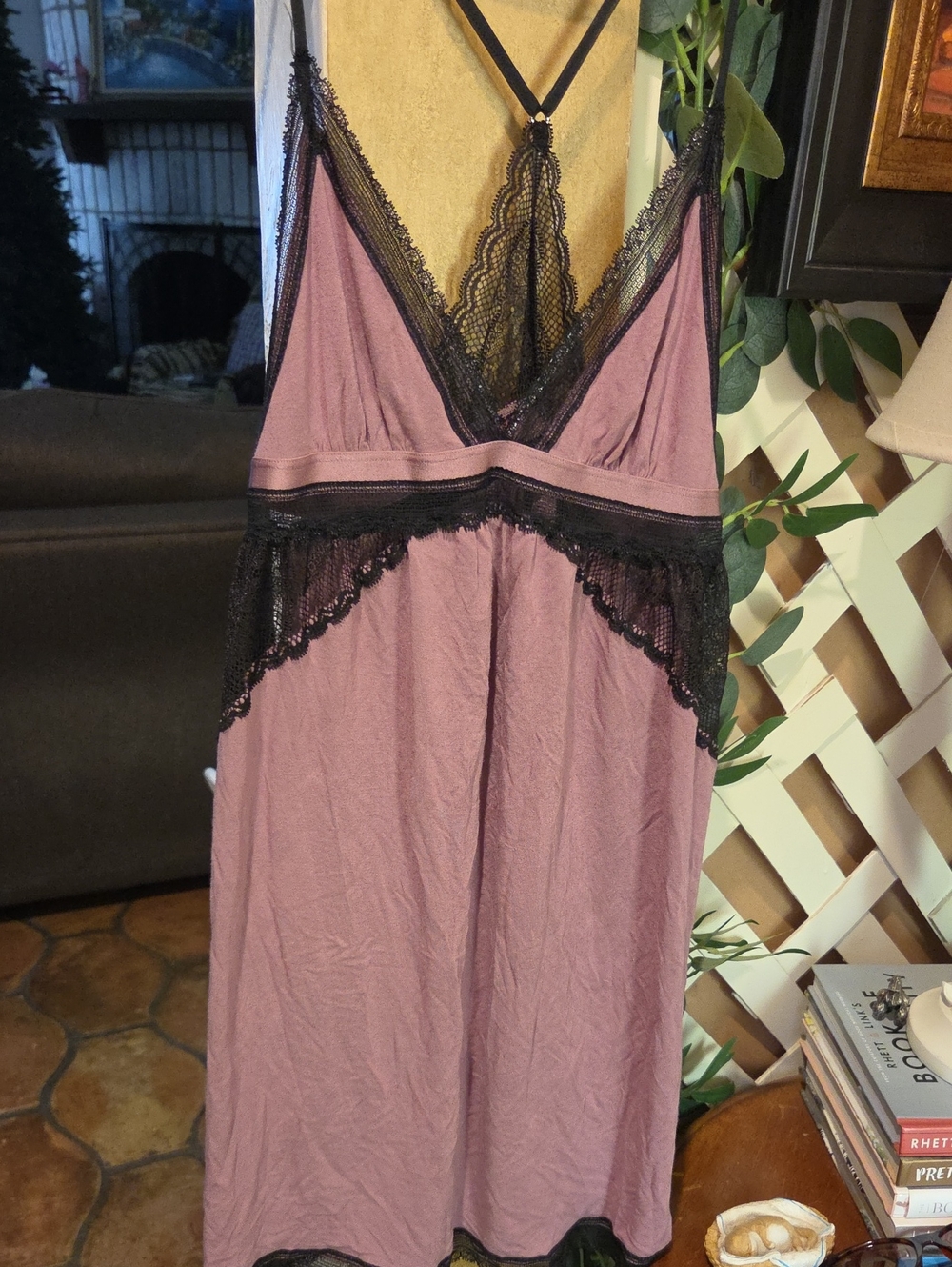 Victoria's Secret Mauve Chemise with Black Lace Trim